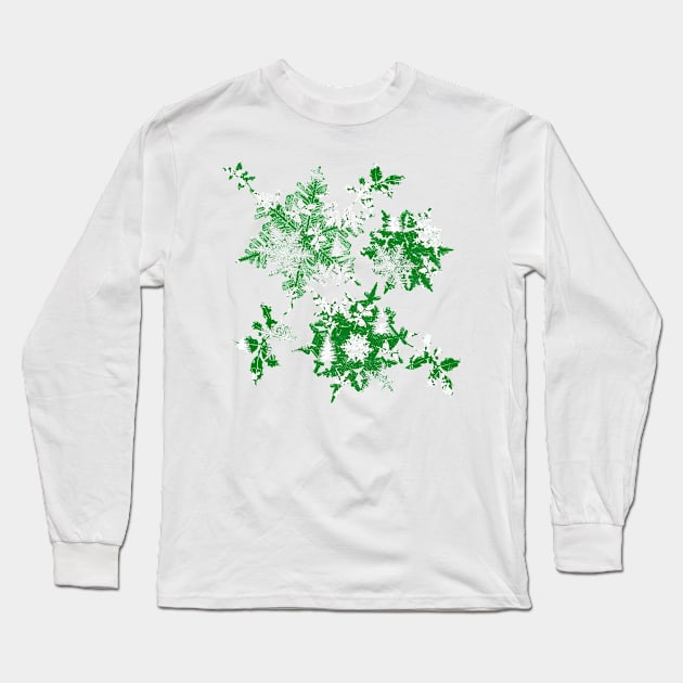 Snowflakes christmas trees and holly green Long Sleeve T-Shirt by cesartorresart